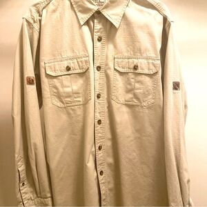 L.L. Bean Utility Long Sleeve Shirt Men Large Beige Tan Pattern Cotton Camo Trim
